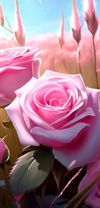 Elegant pink roses bloom in a peaceful nature setting.