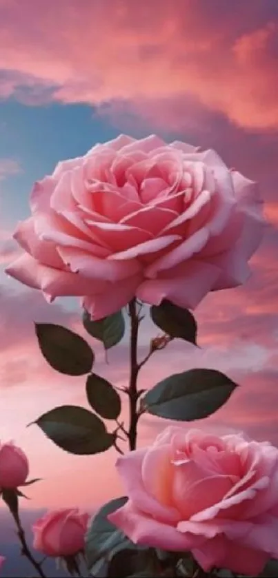 Mobile wallpaper featuring pink roses against a serene sky.