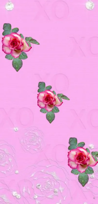 Pink rose wallpaper with floral design and XO pattern.