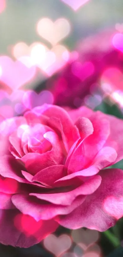 Elegant mobile wallpaper of a vibrant pink rose with green leaves.