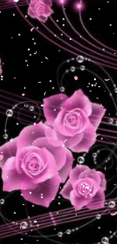 Elegant mobile wallpaper with pink roses and glowing accents on a black background.