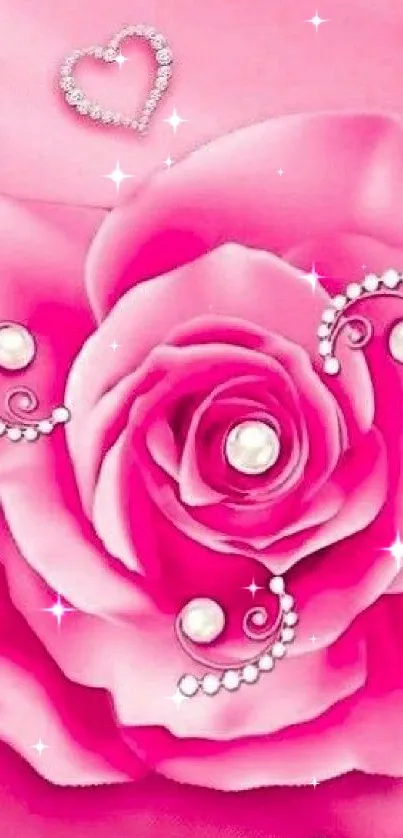 Elegant pink rose with pearls and hearts on a vibrant background.