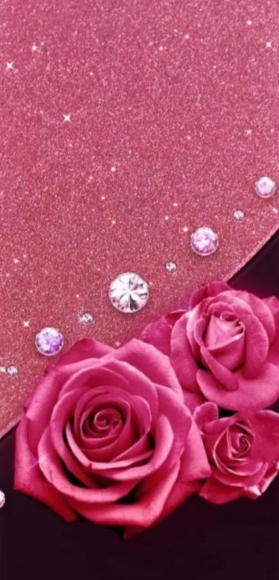 Pink roses and glittering design with diamond accents for mobile wallpaper.