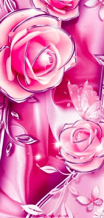 Pink rose wallpaper with butterflies and floral design.