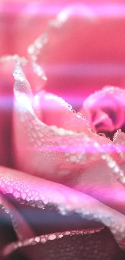 Close-up of a pink rose with dewdrops on petals.