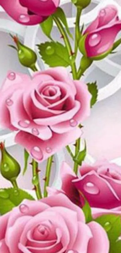 Elegant pink roses with dew on a floral wallpaper design.