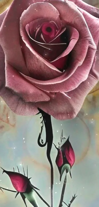 Elegant pink rose with buds and artistic background.