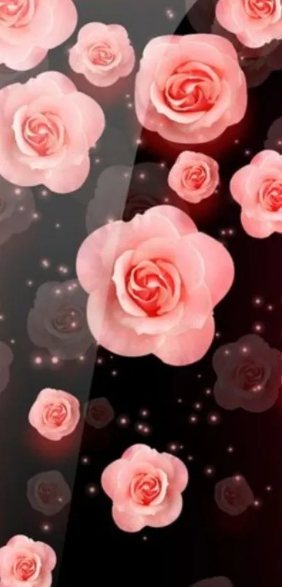 Mobile wallpaper with pink roses on a dark background.