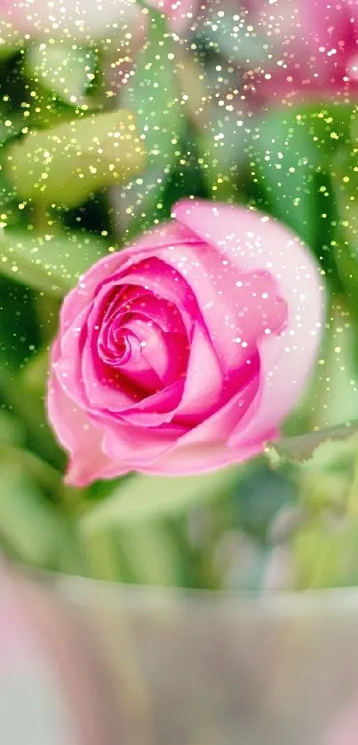 Elegant pink rose with lush green leaves in background.