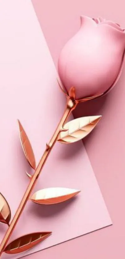 Elegant pink rose with gold stem on soft pink background.