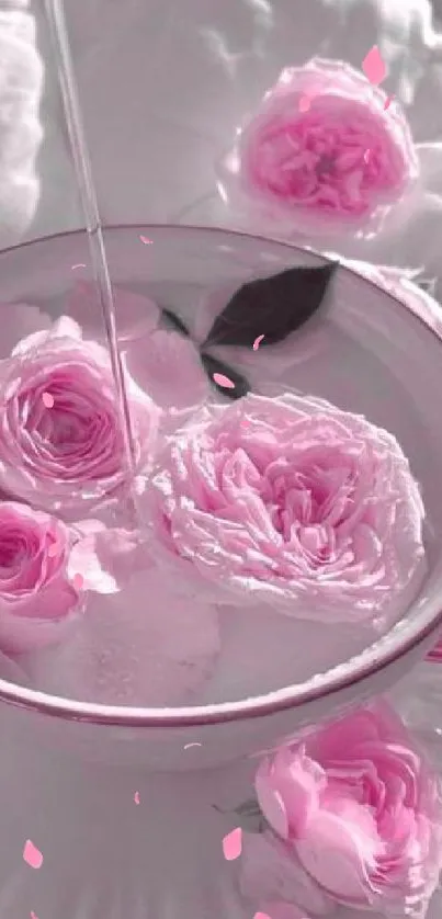 Pink roses in a cup on soft white sheets