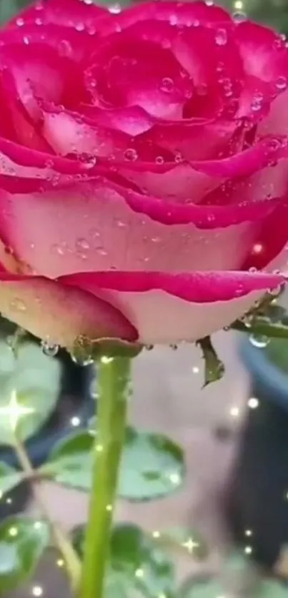 Close-up of a beautiful pink rose with dewdrops.