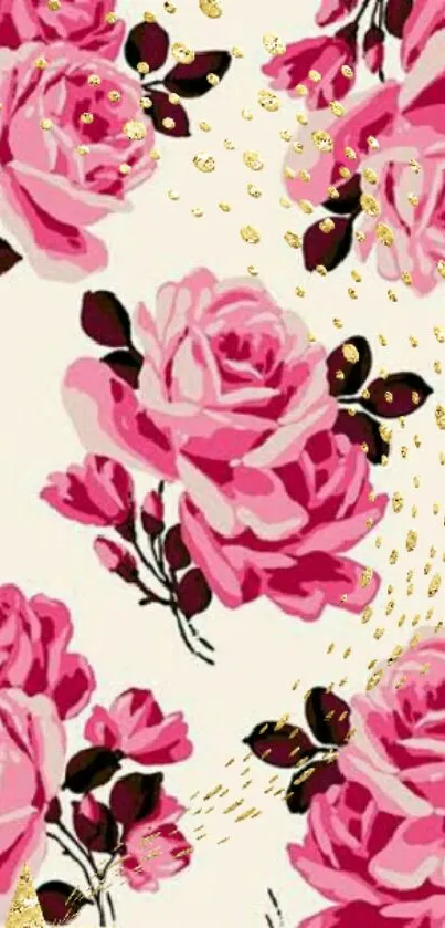 Elegant pink rose pattern wallpaper with gold accents.