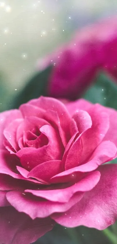 Pink rose with green leaves and light sparkles.