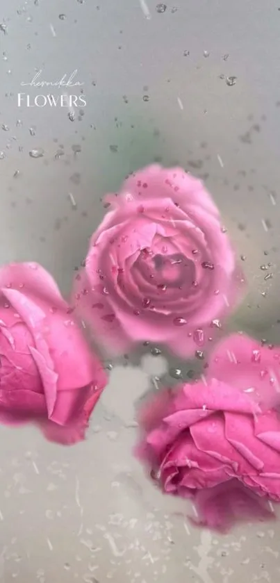 Three pink roses with raindrops on a soft background.