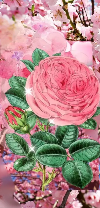 Elegant pink rose and blossoms on a vibrant floral mobile wallpaper.