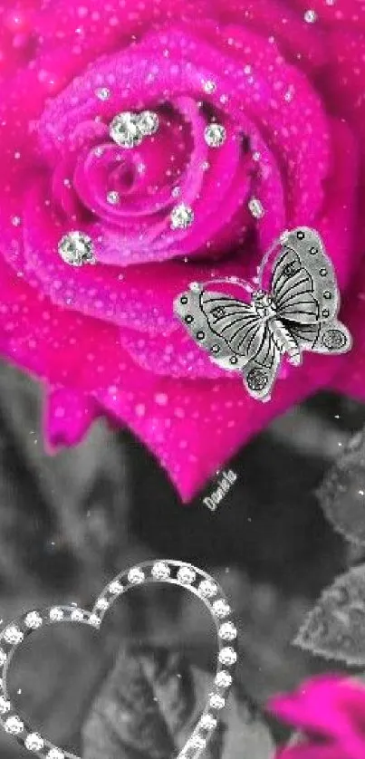 Pink rose with jewels and butterfly in grayscale background.