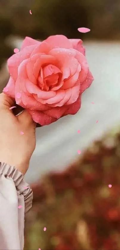 Hand holding a pink rose with scenic blurred background.