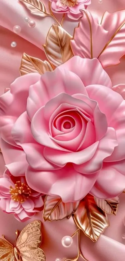 Pink rose with gold leaves and pearl accents on a silky background.