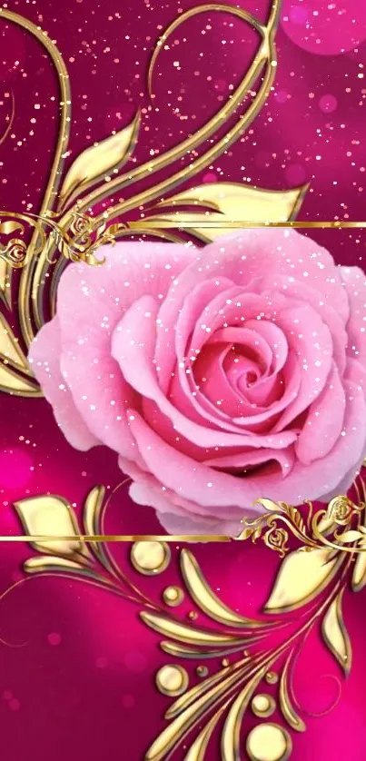 Pink rose with golden floral design on magenta background.