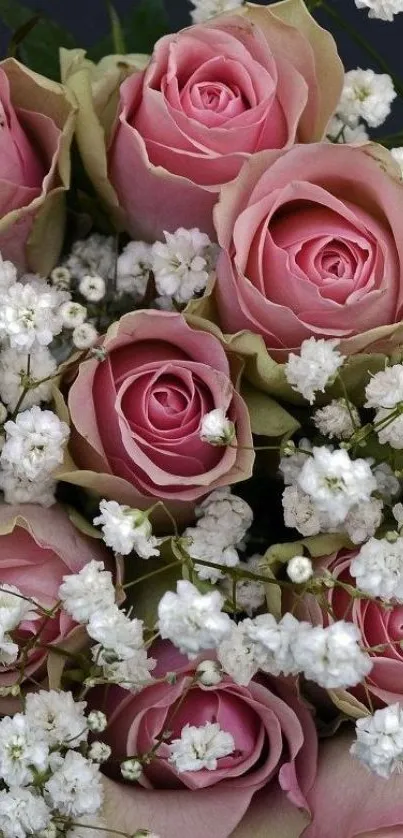 Wallpaper of elegant pink roses with white baby's breath flowers.