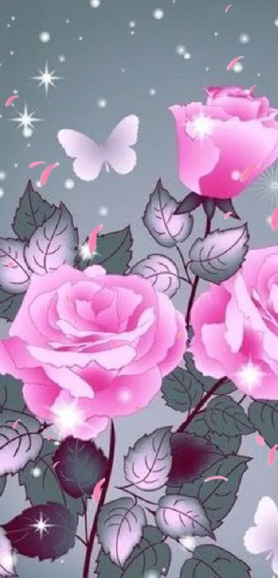 Pink roses and butterflies on a gray background.