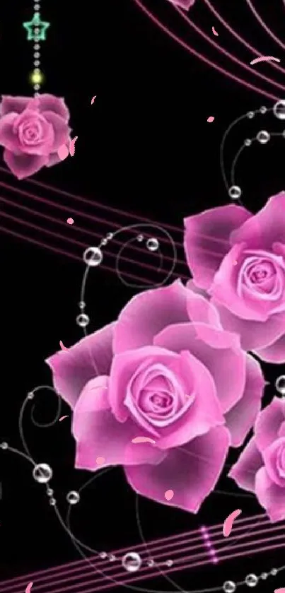 Pink roses with vibrant floral design on black background.