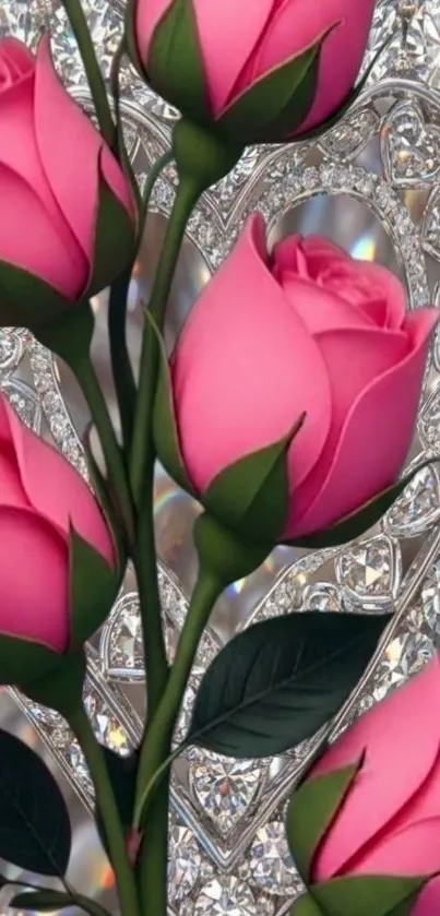Elegant pink roses with crystal heart backdrop.