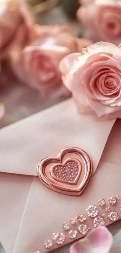 Pink roses and a heart-sealed envelope with gems on a elegant background.