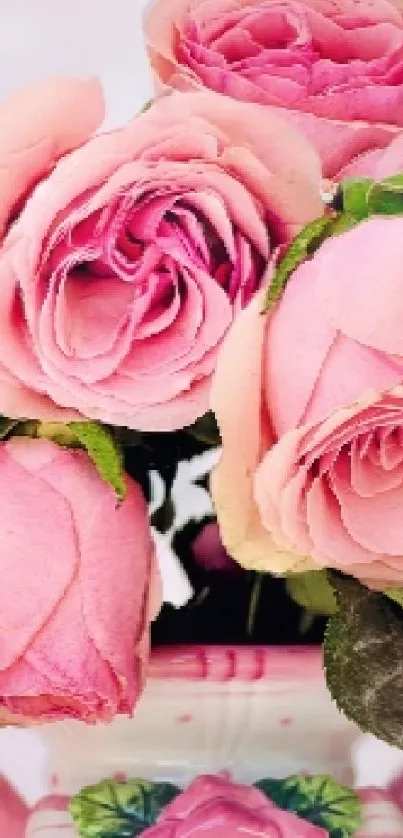 Charming bouquet of pink roses in a decorative vase with a soft bokeh background.