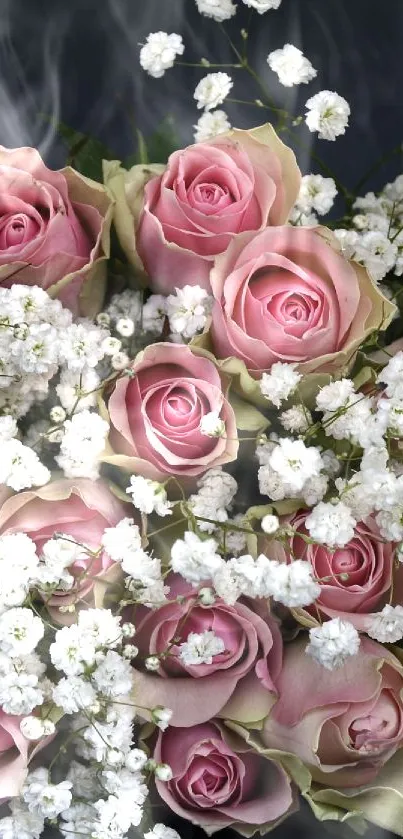 A stunning bouquet of pink roses with white accents on a dark background.