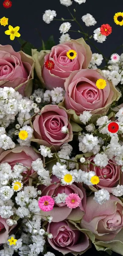 Intricate pink rose bouquet with white flowers on dark background.