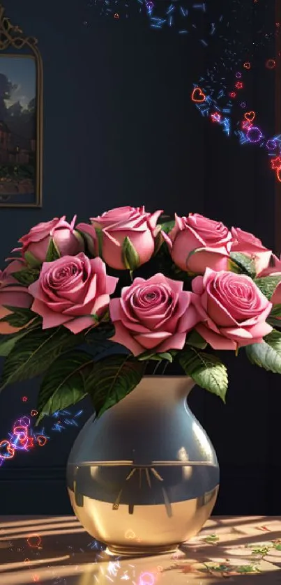 Vase with pink roses in morning sunlight on a table.