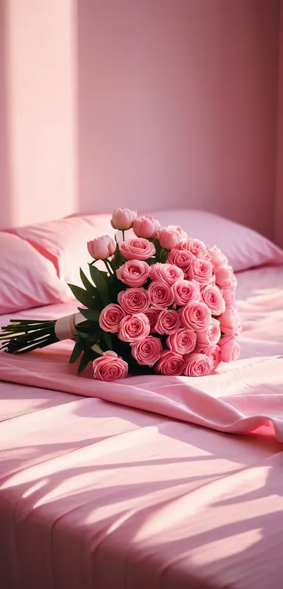 A bouquet of pink roses elegantly arranged on a plush pink bed.