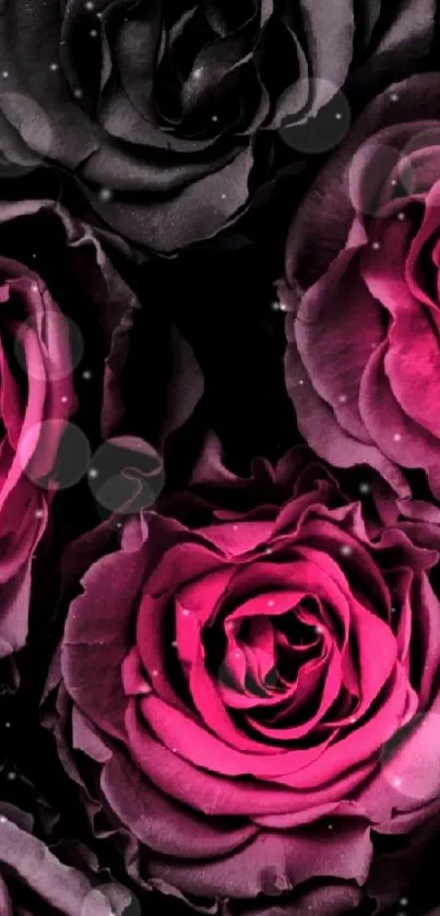 Elegant wallpaper featuring pink and black roses in a sophisticated design.