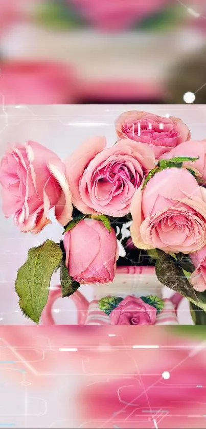 Pink roses bouquet in a vintage vase, elegant phone wallpaper.