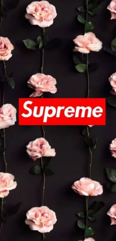 Elegant wallpaper with pink roses and Supreme logo on dark background.