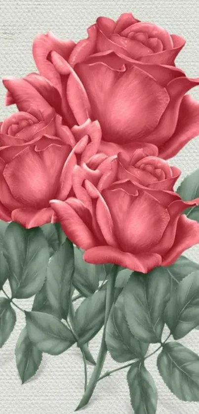 Beautiful pink roses with green leaves on a textured background.