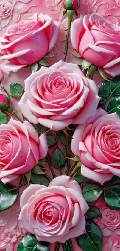 Pink roses with green leaves in a floral design.