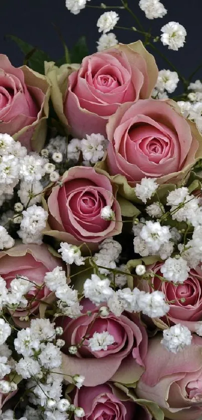 Elegant wallpaper of pink roses with white flowers for mobile screen.