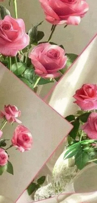 Elegant bouquet of pink roses in vases.