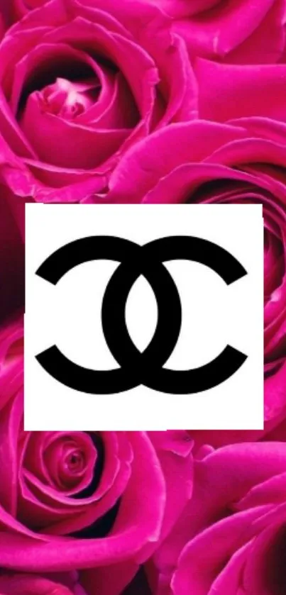 Pink roses wallpaper with bold logo design.