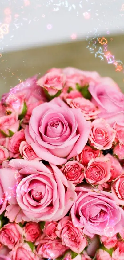 A beautiful bouquet of pink roses on a wooden surface.