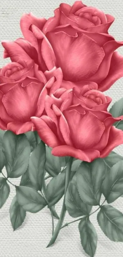 Elegant pink roses with green leaves on a textured backdrop.