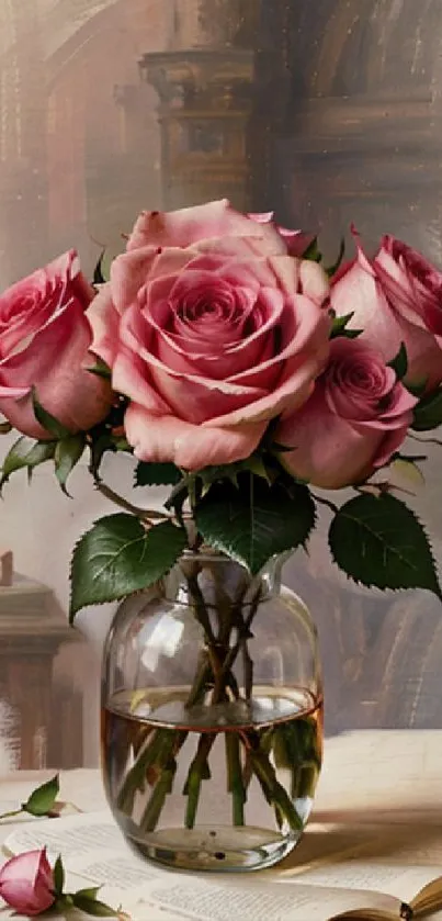 Elegant pink roses in a glass vase with a vintage artistic backdrop.