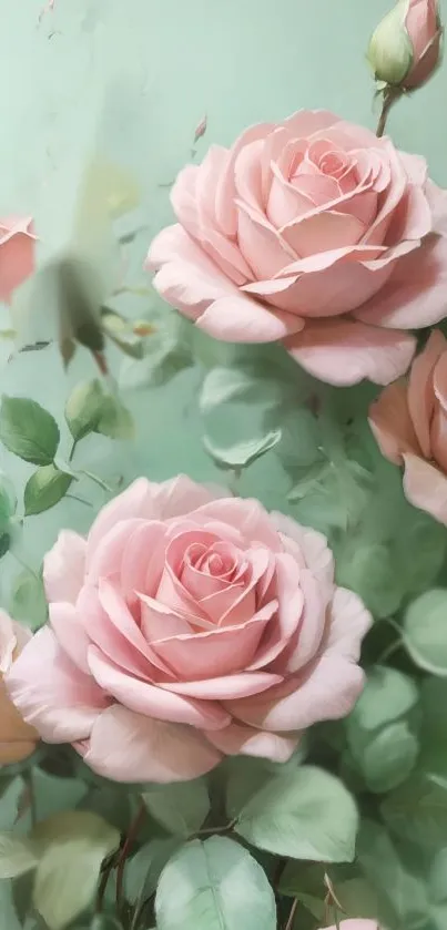 Pink roses on a mint green background mobile wallpaper.