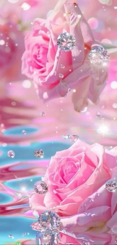 Dreamy pink roses with sparkling water droplets create a fantasy scene.