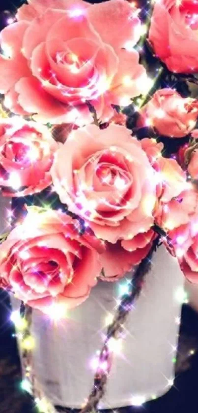 Mobile wallpaper featuring pink roses with sparkling lights.