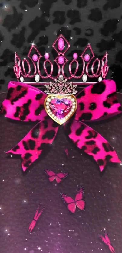 Pink royalty themed wallpaper with a crown, bow, and butterflies.