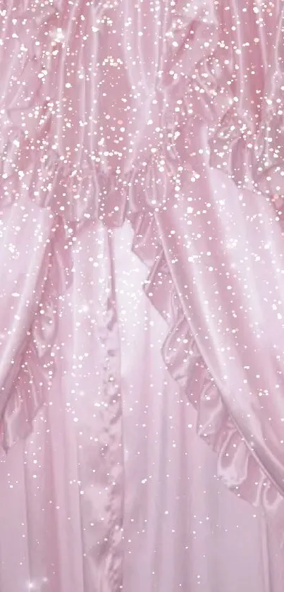 Elegant pink satin curtains with delicate ruffles.